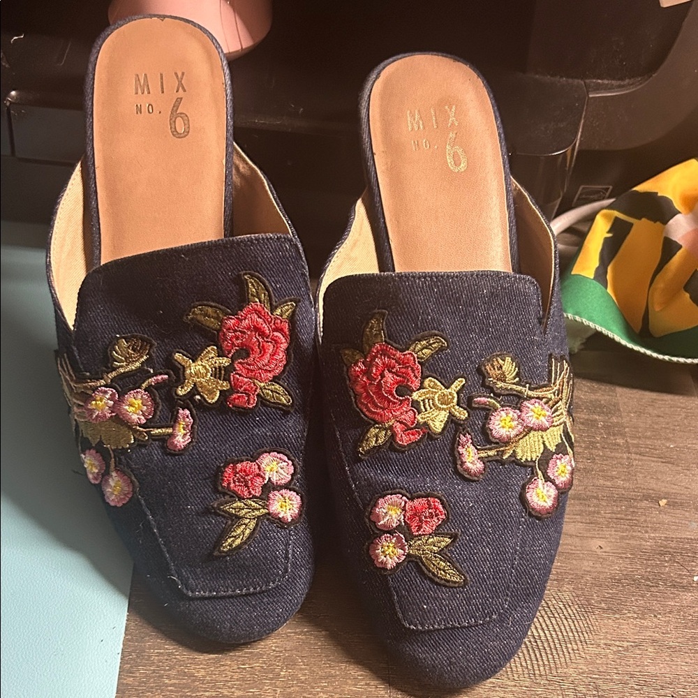 Mix No. 6 Floral Embroidered Denim Mules -‎ Womens 8.5 Style Alexcina